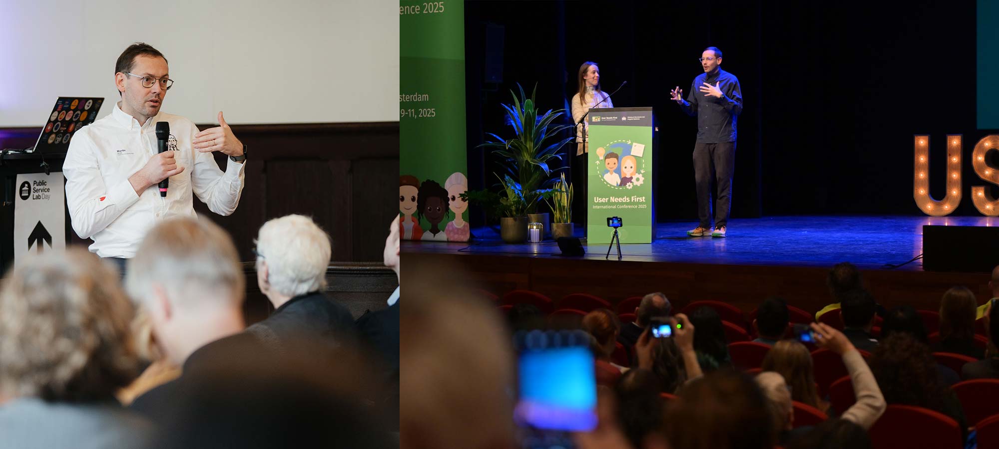 Split composition of 2 images; on the left: a man with a white shirt speaking in front of an audience holding a microphone; on the right: the same man talking in front of another audience on a larger stage that looks like a theatre, next to a female co-presenter and a lectern, he is gesturing with his hands