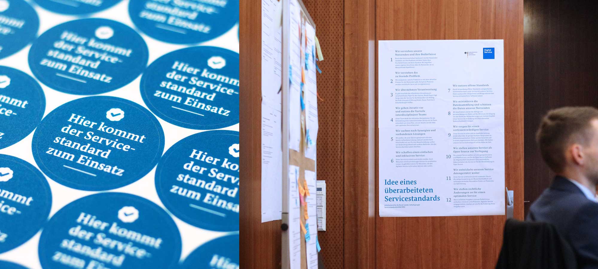 Composed photograph – on the left: a sheet with stickers saying ‘The Service Standard is applied here’, on the right: poster with 12 paragraphs titled ‘Idea for an updated Service Standard’ in a workshop space with notes on the wall