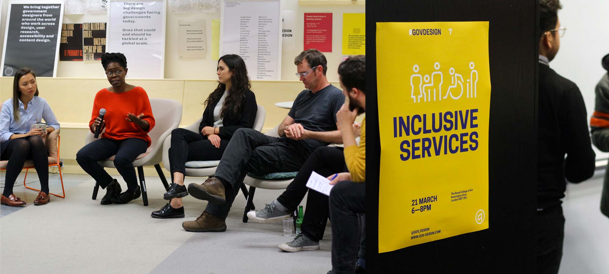 An ethically diverse discussion panel of meetup speakers, a poster for a gov design meetup on inclusive services